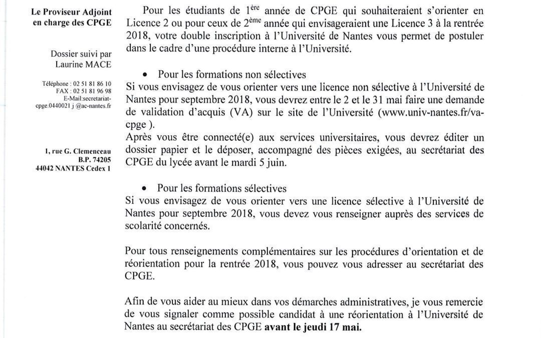 Procédure d’orientation – CPGE – Université de Nantes 2018